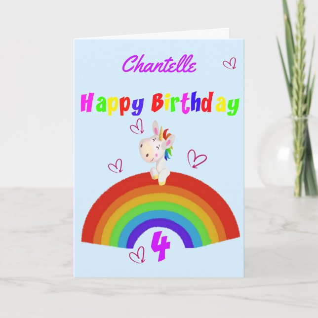 Niedliches Unicorn 4. Geburtstag Karte (Vorderseite)