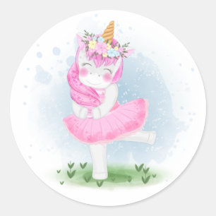 Niedliches Unicorn Ballerina mit Blume Kronplatz Runder Aufkleber