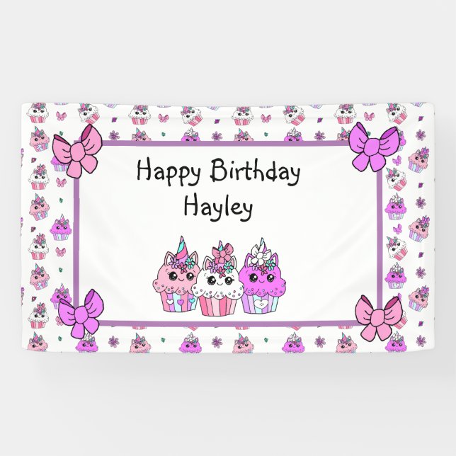 Niedliches Unicorn Cupcakes Girl's BIrthday Banner (Horizontal)