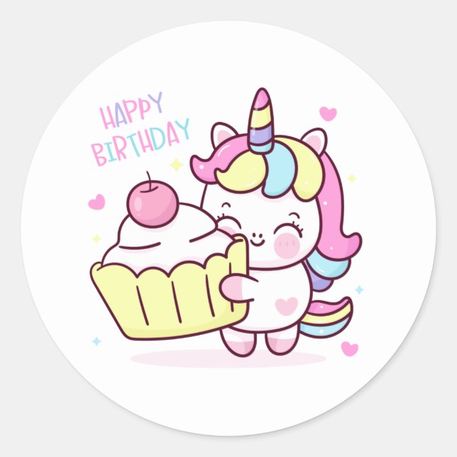 Niedliches Unicorn Happy Birthday Cake Runder Aufkleber (Vorderseite)