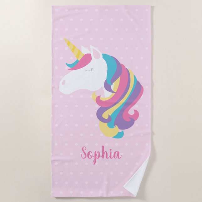 Niedliches Unicorn-Polka-Punkt-personalisiertes Strandtuch (Vorderseite)