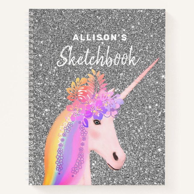 Niedliches Unicorn Silver Glitzer Sketchbook mit N Notizbuch (Vorderseite)