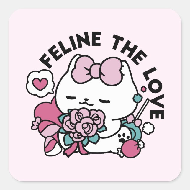 Niedliches Valentinisches Katzendesign - Feline th Quadratischer Aufkleber (Vorderseite)