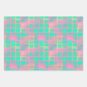 Niedliches Vaporwave Poolcore Pink Cyan Grid Patte Geschenkpapier Set