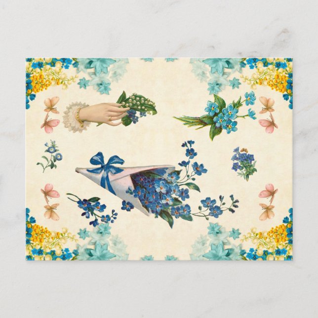 Niedliches Vintages Blau und Gelbe Blumendekoupage Postkarte (Vorderseite)