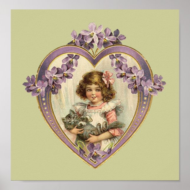 Niedliches Vintages Girl & Kitten Blumenherz Poster (Vorne)