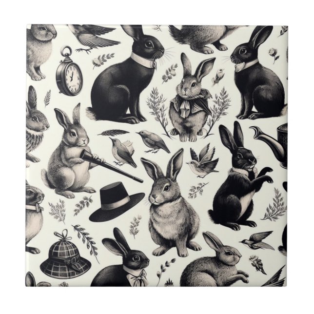 Niedliches Vintages Kaninchenmuster Fliese (Vorderseite)