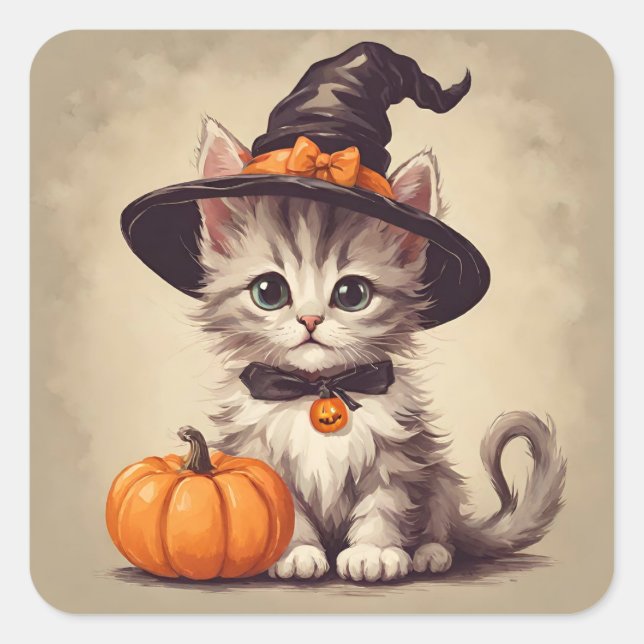Niedliches Vintages Kätzchen zu Halloween Hexenkos Quadratischer Aufkleber (Vorderseite)