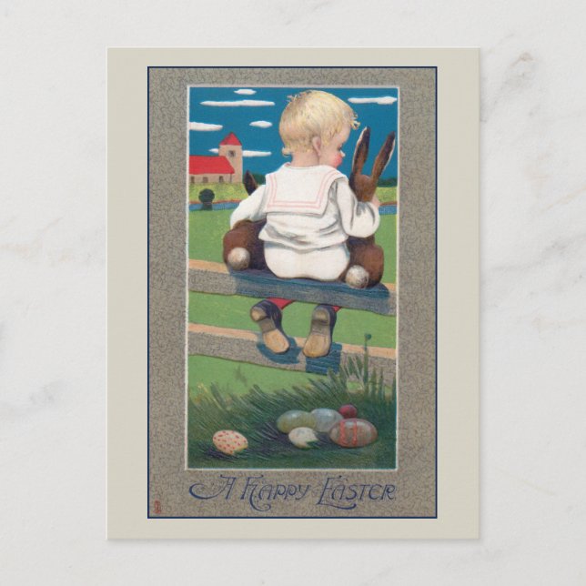 Niedliches Vintages Kind mit OsterBunnien Postkarte (Vorderseite)