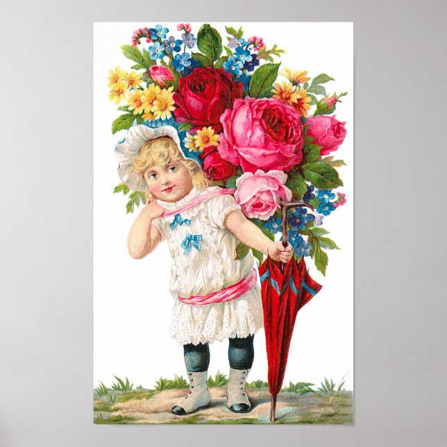 Niedliches Vintages Mädchen mit Blume Poster (Vorne)