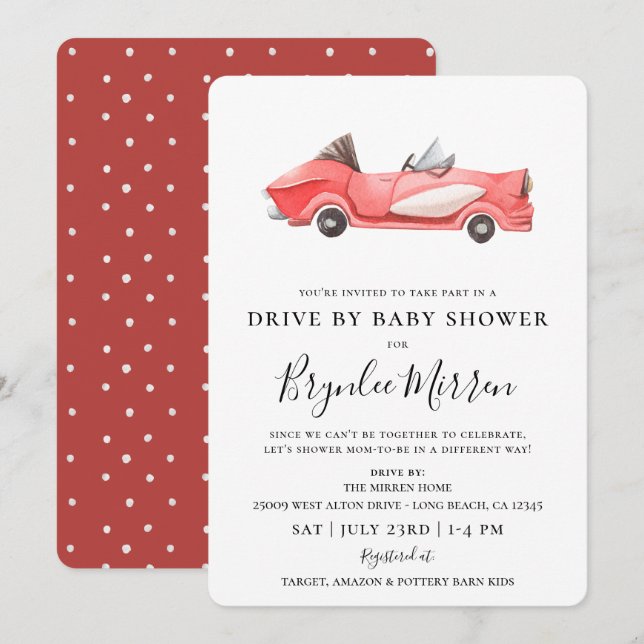 Niedliches Vintages Red Racecar Drive mit Babydusc Einladung (Vorne/Hinten)