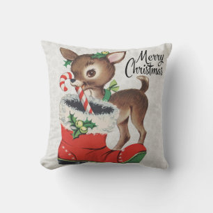 Niedliches Vintages Rentier mit Candy Cane Kissen