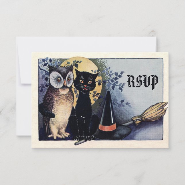 Niedliches Vintages Schaf- und KatzenHalloween-UAW RSVP Karte (Vorderseite)