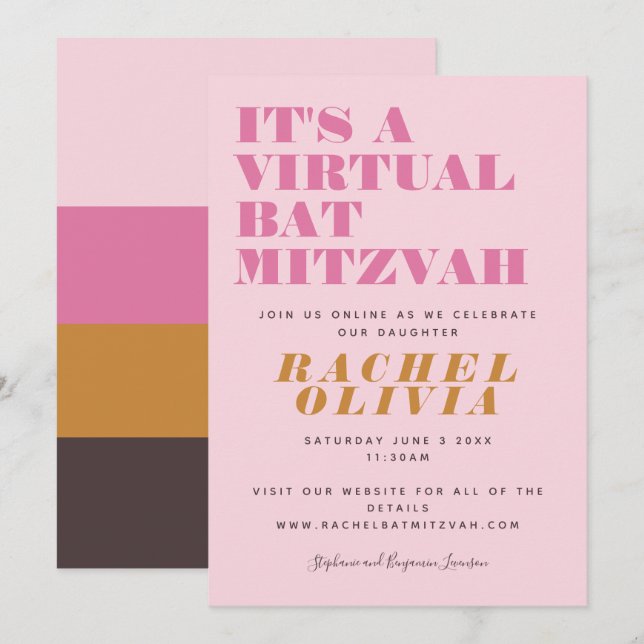 Niedliches virtuelles Online-Rosa Gelbe Bat Mitzva Einladung (Vorne/Hinten)