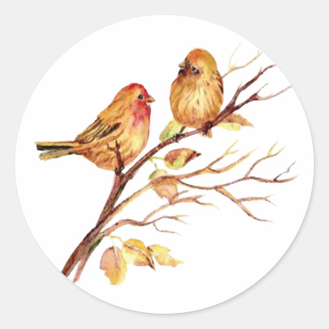 Niedliches Vogel-Paar auf Baumzweig Kunst Runder Aufkleber (Vorderseite)