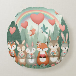 Niedliches Wald-Kreatur-Regenbogenvalentin Rundes Kissen