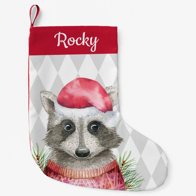 Niedliches Waldraccoon in Weihnachtsmannmütze Kleiner Weihnachtsstrumpf (Vorderseite)