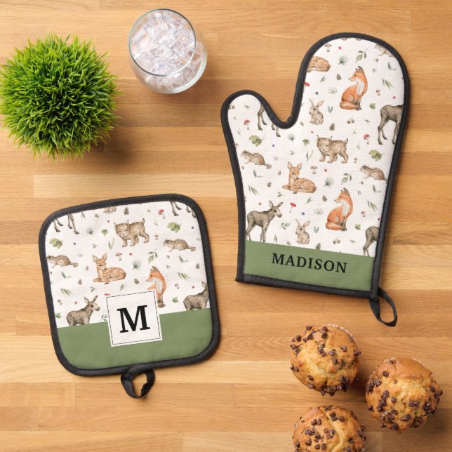 Niedliches Waldtiermuster Ofenhandschuh & Topflappen-Set (Oben Unten)