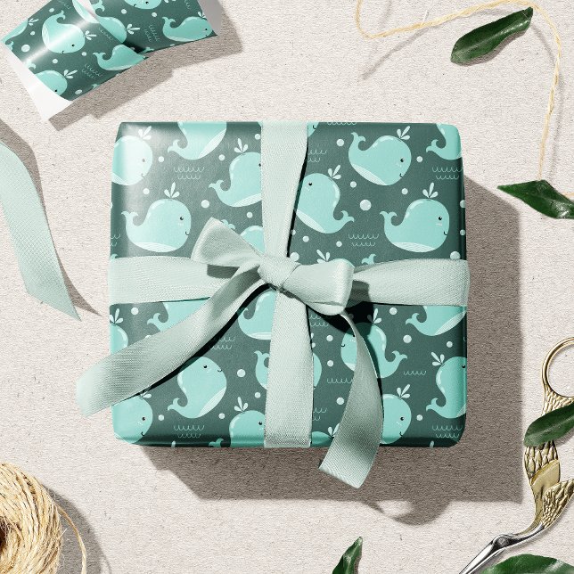 Niedliches Walmuster auf Aquamarinen blauen Kinder Geschenkpapier (Von Creator hochgeladen)