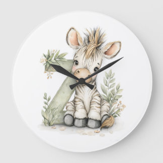 Niedliches Wasserfarben-Baby-Tier-Alphabet Zebra Große Wanduhr
