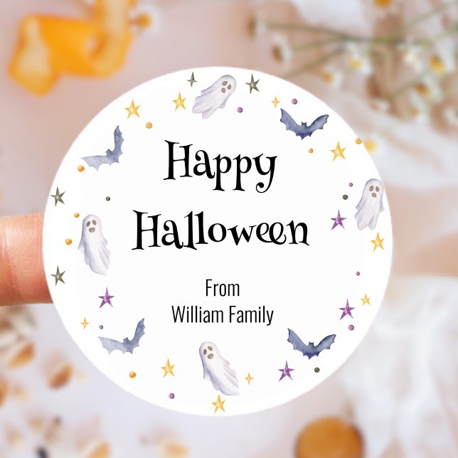 Niedliches Wasserfarben Ghost Happy Halloween Runder Aufkleber (Cute Watercolor Ghost Happy Halloween Classic Round Sticker)