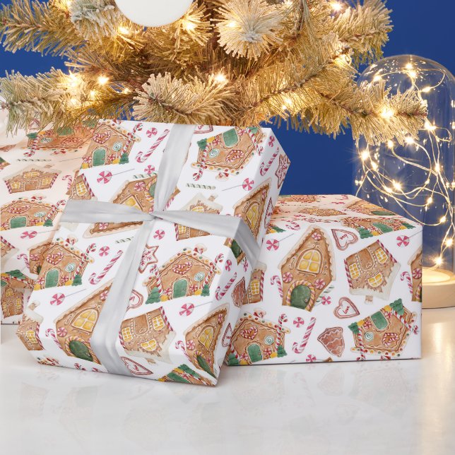 Niedliches Wasserfarben-Lebkuchen-Haus Weihnachten Geschenkpapier (Feiertage)