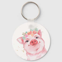 Niedliches Wasserfarben-Schweinefleisch mit Blumen Schlüsselanhänger