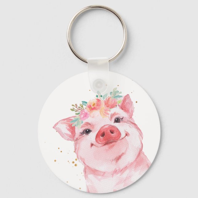 Niedliches Wasserfarben-Schweinefleisch mit Blumen Schlüsselanhänger (Vorderseite)