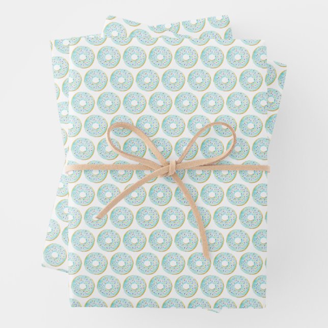 Niedliches Wasserfarbenblau Sprinkle Donuts Muster Geschenkpapier Set (Beispiel)