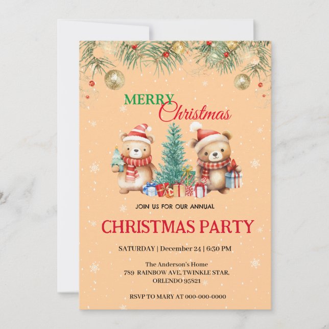 Niedliches Wasserfarbenspiel Bär Weihnachten Party Einladung (Vorderseite)