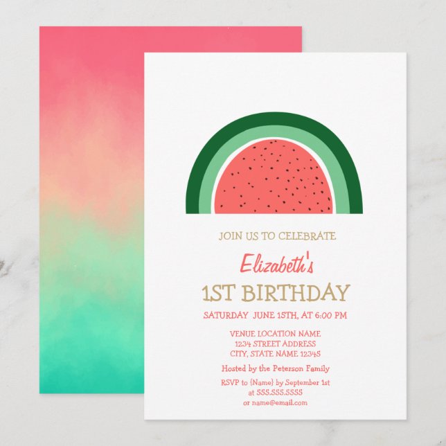 Niedliches Wassermelon Rainbow Geburtstag Einladun Einladung (Vorne/Hinten)