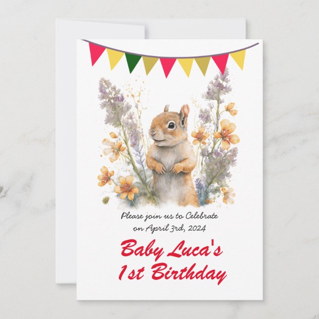 Niedliches Watercolor Baby Eichhörnchen - Geburtst Einladung (Vorderseite)