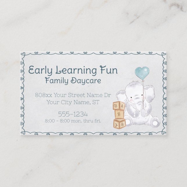 Niedliches Watercolor Baby Elephant Daycare Visitenkarte (Vorderseite)
