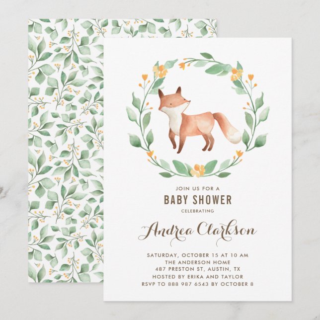 Niedliches Watercolor Baby Fox Woodland Babydusche Einladung (Vorne/Hinten)