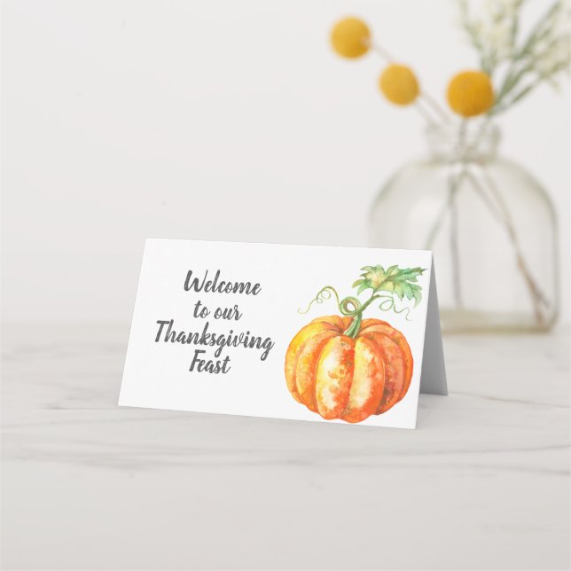Niedliches Watercolor Pumpkin Erntedank Design Platzkarte (Vorderseite)