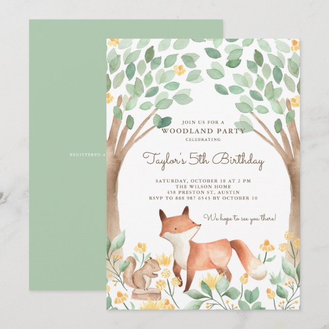 Niedliches Watercolor Woodland Fox Kindergeburtsta Einladung (Vorne/Hinten)