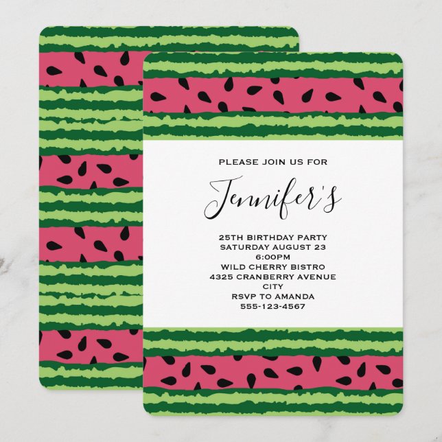 Niedliches Watermelon Muster Pink & Green Geburtst Einladung (Vorne/Hinten)