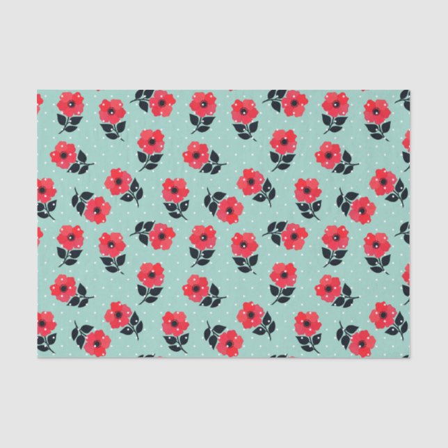 Niedliches weibliches rotes Aqua-Blumenmuster Seidenpapier (Vorderseite)