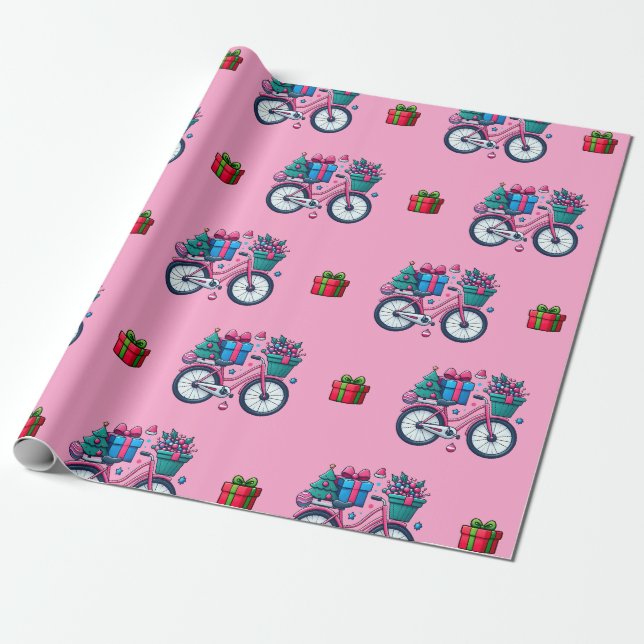 Niedliches Weihnachten Fahrrad Feiertag Rosa blaue Geschenkpapier (Ungerollt)