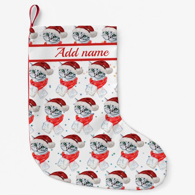 Niedliches Weihnachten Grau Tabby Cat Wasserfarbe Kleiner Weihnachtsstrumpf (Vorderseite)