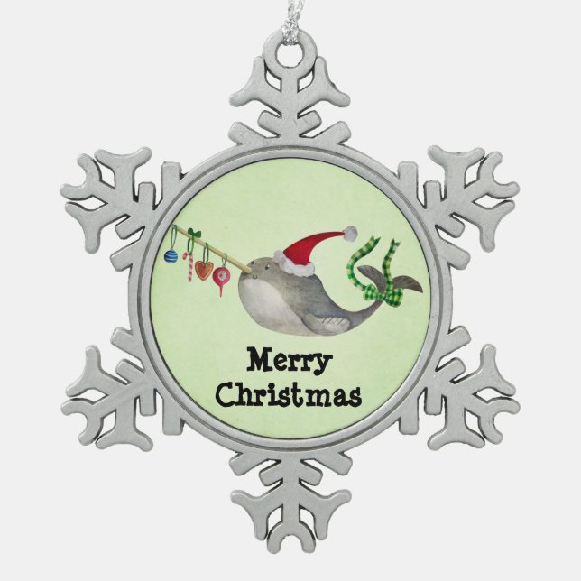 Niedliches Weihnachten Narwhal Schneeflocken Zinn-Ornament (Vorderseite)