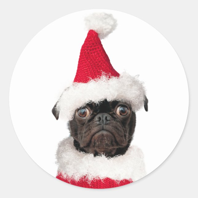 Niedliches Weihnachten Schwarzer Mops Welpe Santa Runder Aufkleber (Vorderseite)
