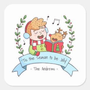 Niedliches Weihnachten singt Jungen-und Quadratischer Aufkleber