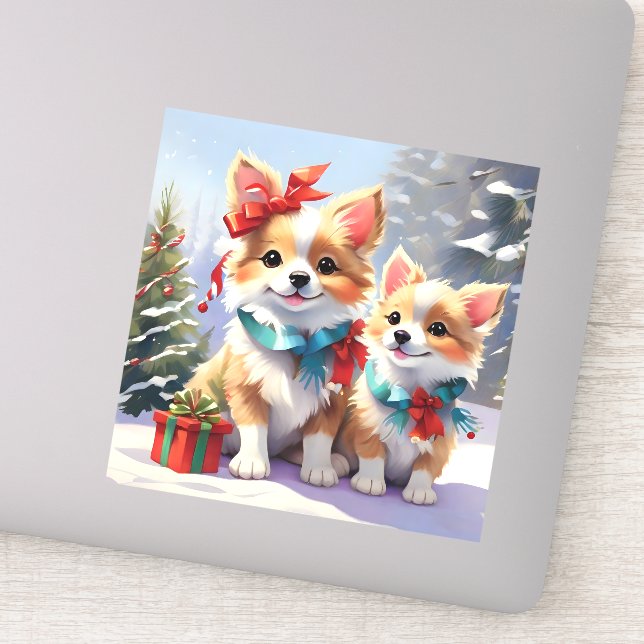 Niedliches Weihnachts-Corgis-Urlaubserlebnis Aufkleber (Detail)