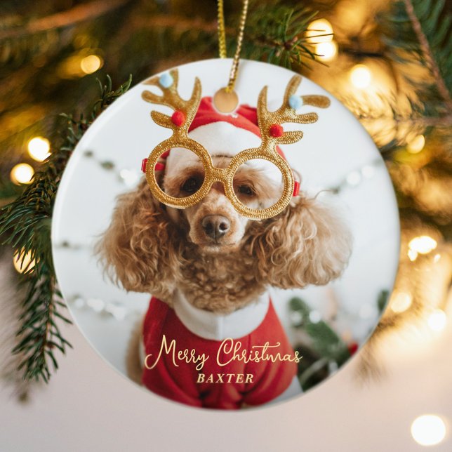 Niedliches Weihnachts-Foto Kindermädchen Hund Funn Keramik Ornament (Cute Pet Christmas Photo Naughty Dog Funny Puppy Ceramic Ornament)