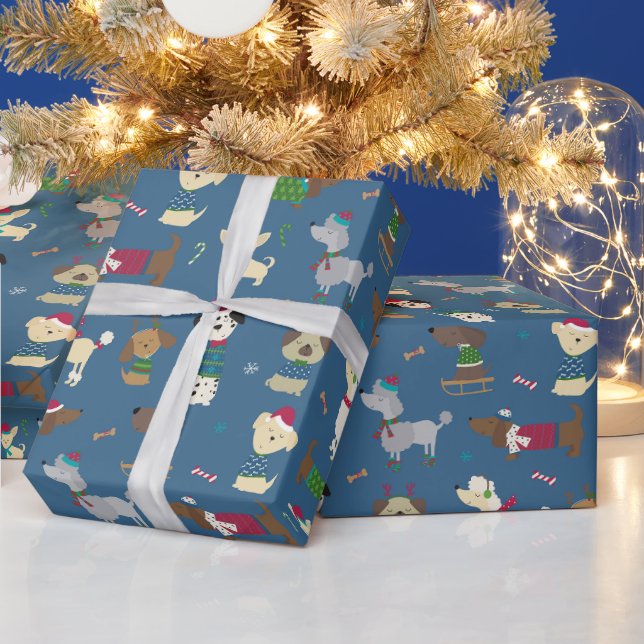 Niedliches Weihnachts-Hundeschema auf Blue Geschenkpapier (Feiertage)