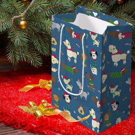 Niedliches Weihnachts-Hundeschema auf Blue Mittlere Geschenktüte