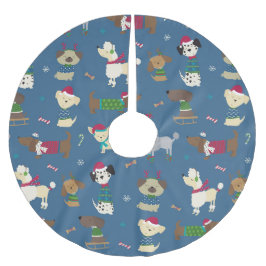 Niedliches Weihnachts-Hundeschema auf Blue Polyester Weihnachtsbaumdecke