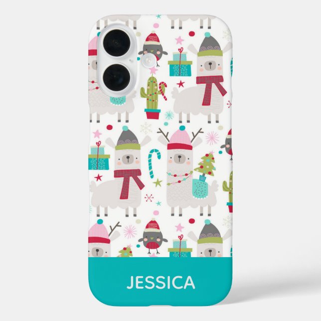 Niedliches Weihnachts-Lama-Muster Personalisiert iPhone 16 Hülle (Rückseite)