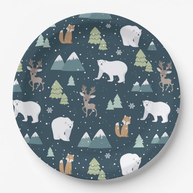Niedliches Weihnachts-Wintertiermuster Pappteller (Vorderseite)